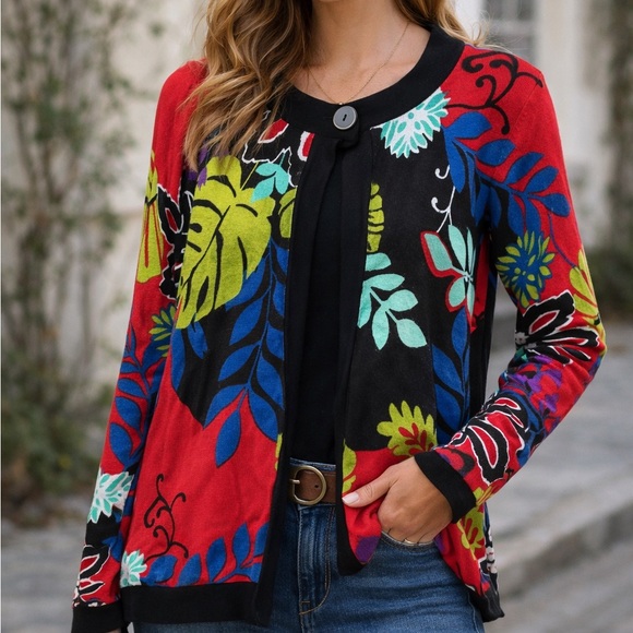 Jos. A. Bank Sweaters - Joseph A Floral Cardigan Red Black Lightweight Button Front Blouse Size M